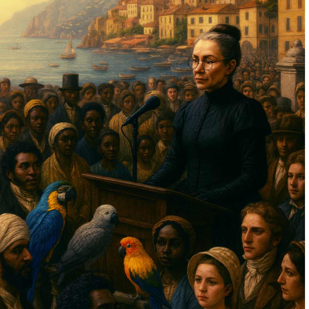 Nigella Pawson and Prudence's mother addressing a crowd on NERO SANGUE