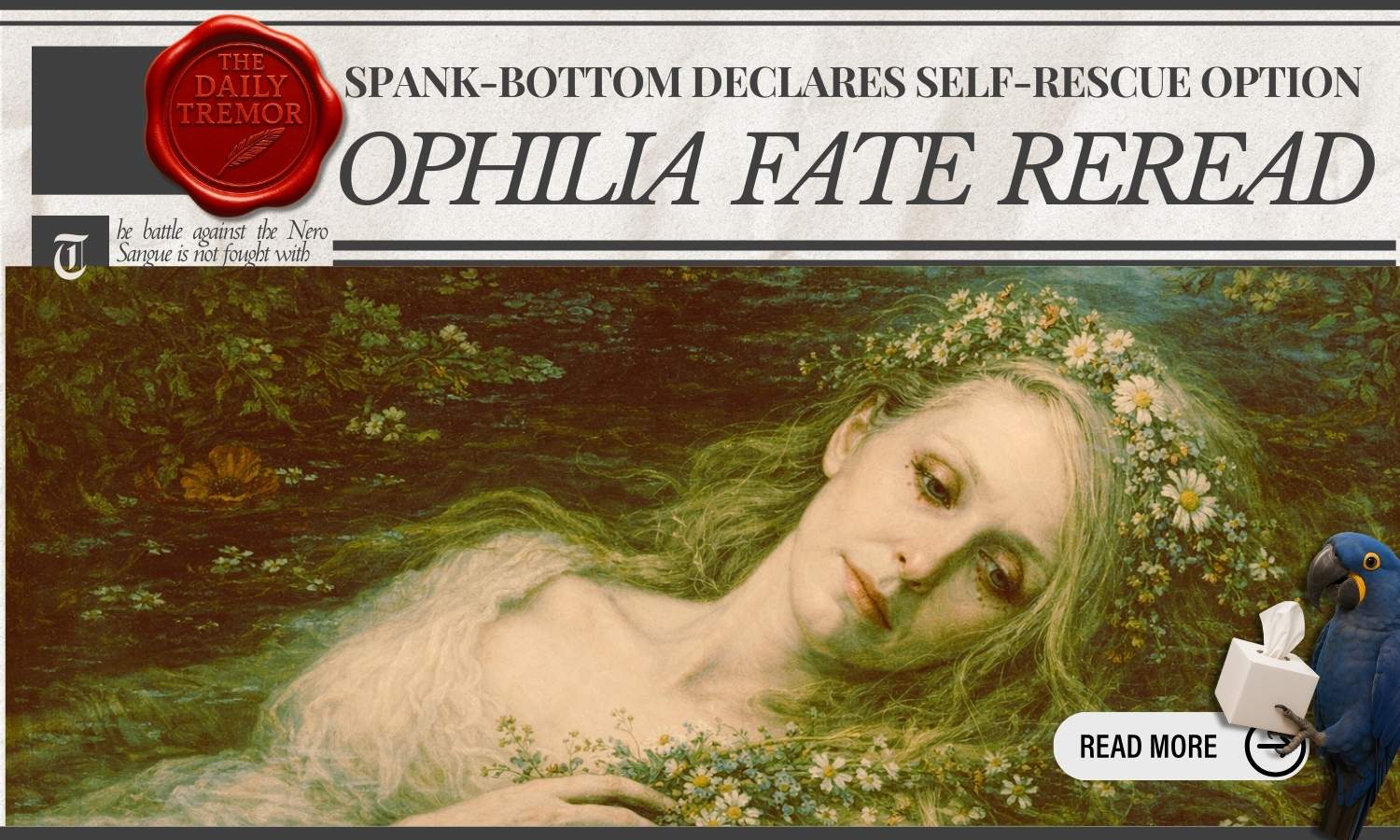 TREMOR COVER OPHILIA FATE REREAD Hopeful Monster Katherine Fouche 2025 Portrait of reimagining Ophelia holding flowers beside dark water, reimagined as the Third Fate, calm, self-possessed, and unsinkable.