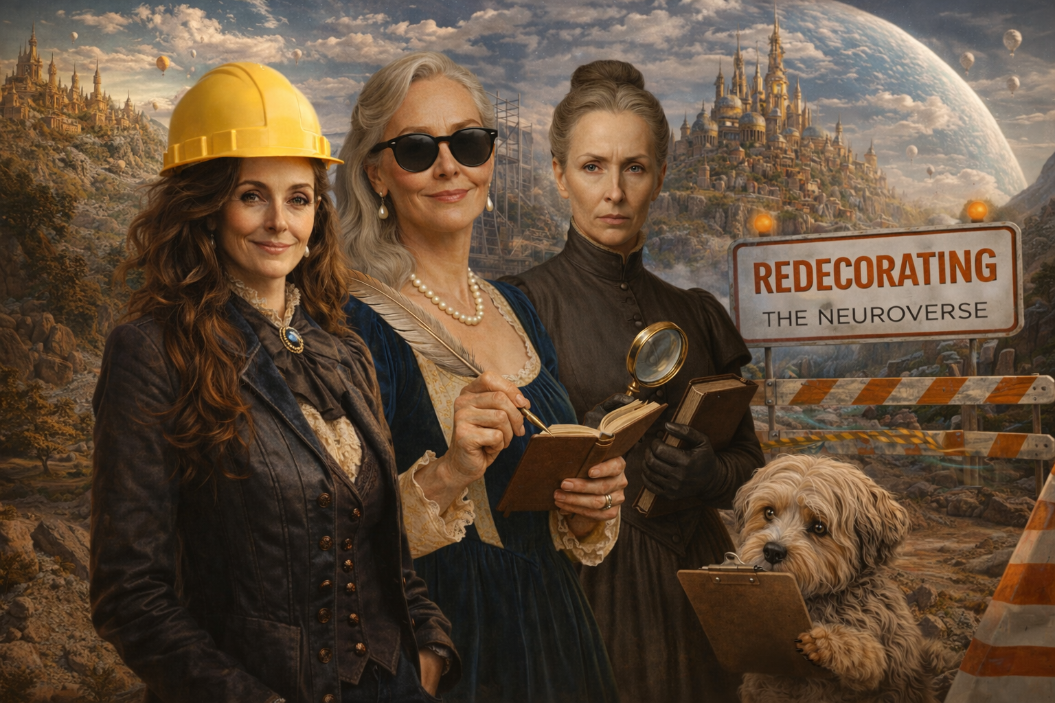 Neuroverse Redecoration Sub-Committee - Editor in Chief, Nigella Pawson, Prudence Spank-Bottom, and the minute-taking Yorkie