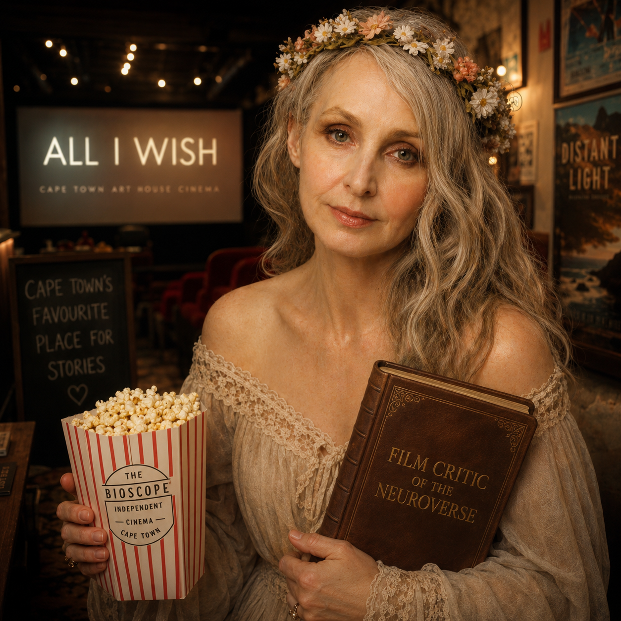 Ms Ophelia Fae, Film Critic of the Neuroverse, exiting The Bioscope independent cinema in Cape Town