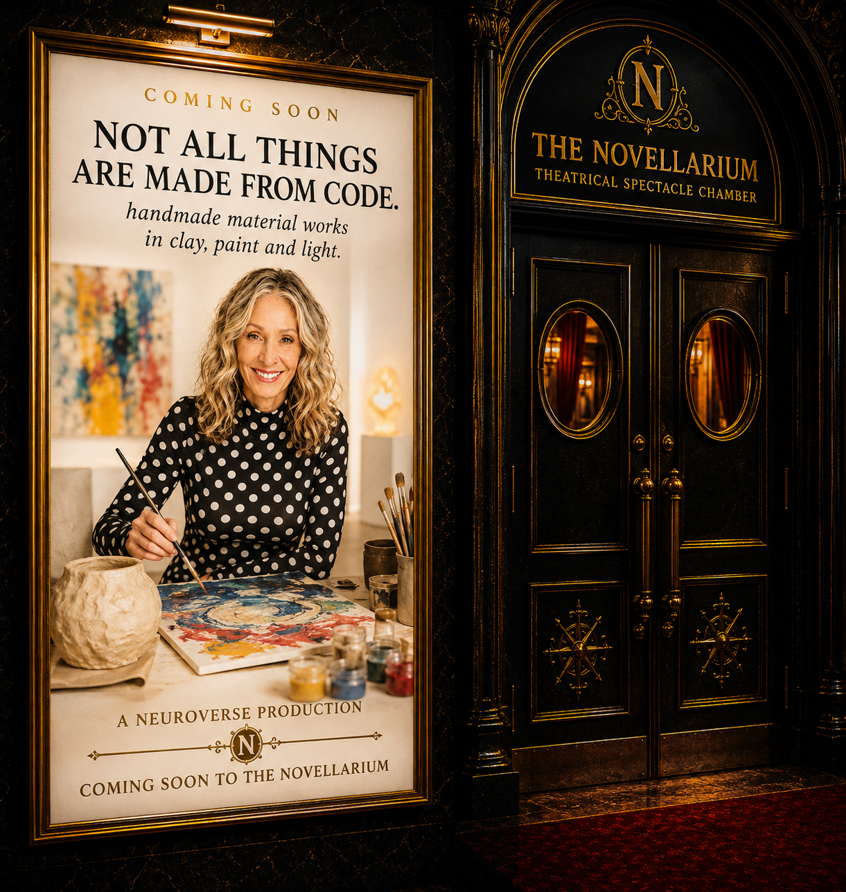 The Novellarium door announcing Not All Things Are Made From Code, coming soon